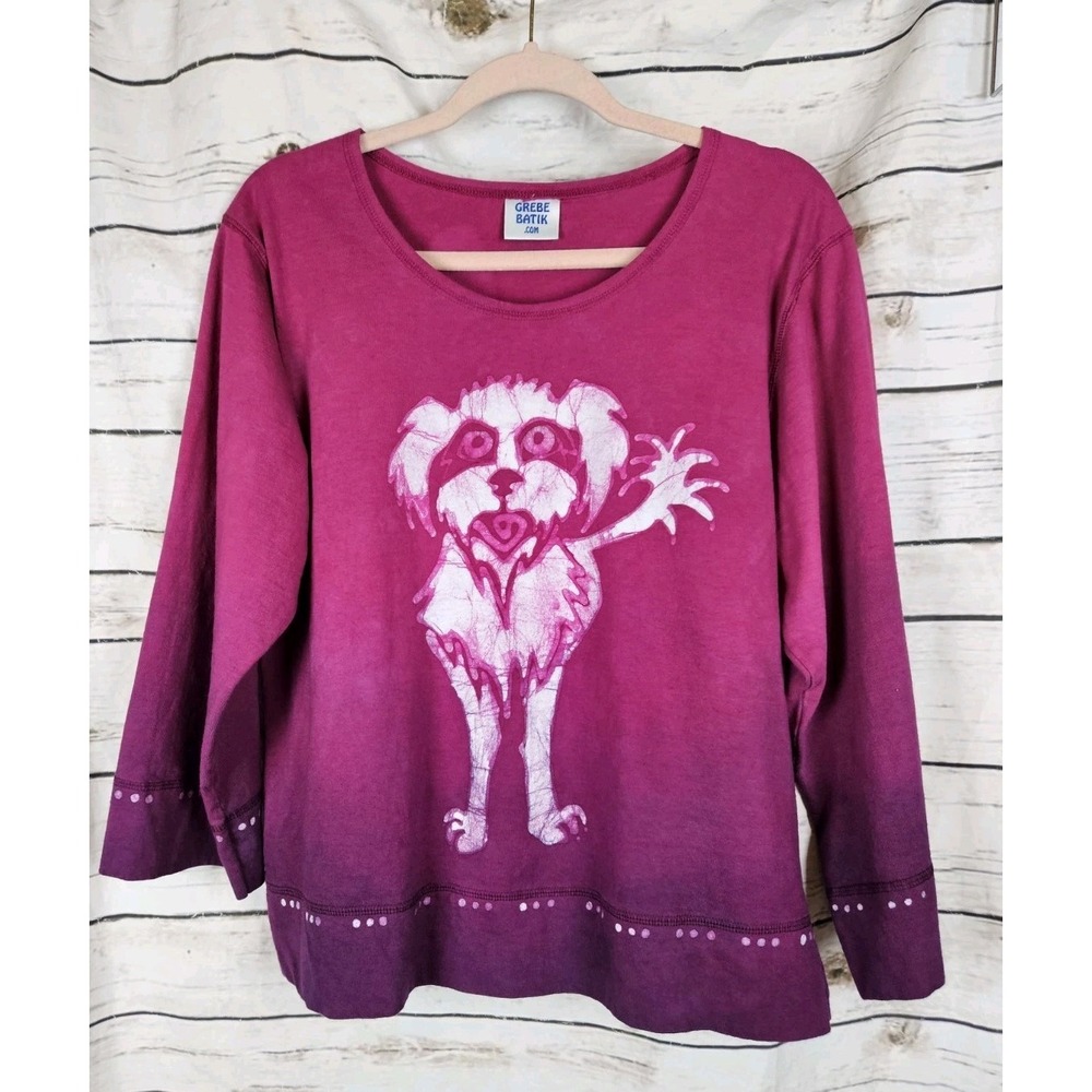 Grebe Batik Pink Purple Ombre Dog T Shirt Top S/M Art to Wear 100% Cotton Womens